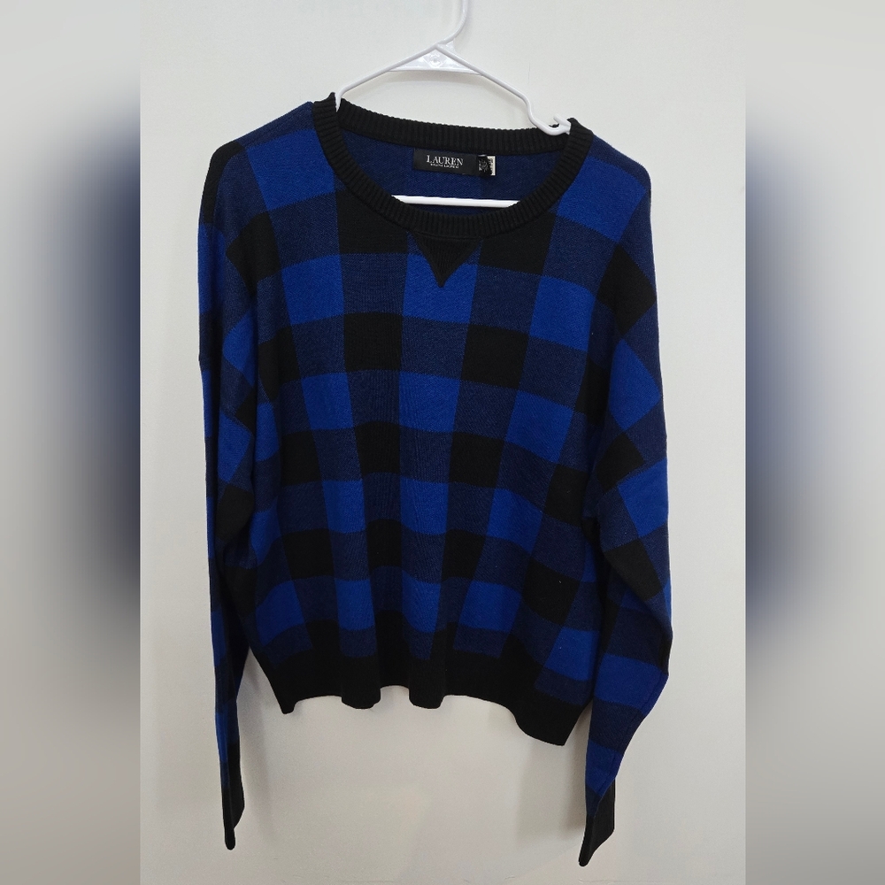 Ralph Lauren Blue and Black Checkered Sweater Size XL